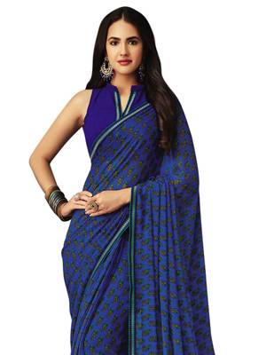 Dark Blue Printed Chiffon Saree With Blouse 2