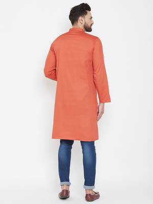 Orange Plain Pure Cotton Men Kurtas 3