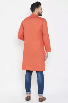 Orange Plain Pure Cotton Men Kurtas