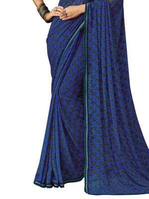 Dark Blue Printed Chiffon Saree With Blouse 3