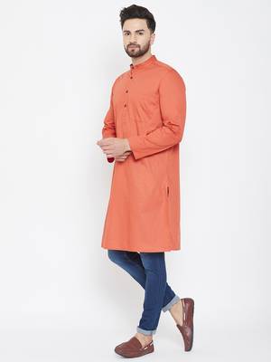 Orange Plain Pure Cotton Men Kurtas 4