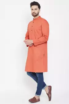 Orange Plain Pure Cotton Men Kurtas
