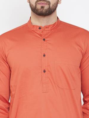 Orange Plain Pure Cotton Men Kurtas 5