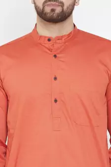 Orange Plain Pure Cotton Men Kurtas