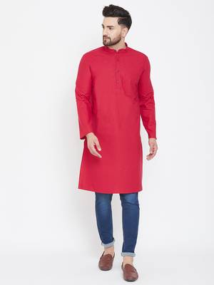 Red Plain Pure Cotton Men Kurtas 1