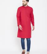 Red Plain Pure Cotton Men Kurtas