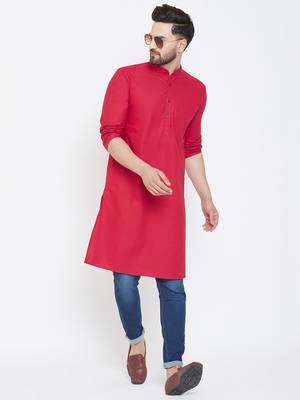 Red Plain Pure Cotton Men Kurtas 2