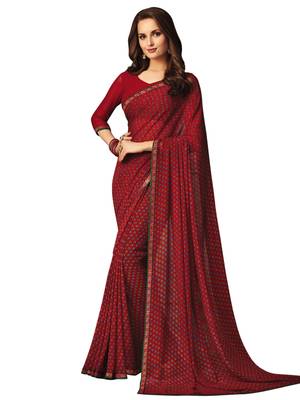 Red Printed Chiffon Saree With Blouse 1