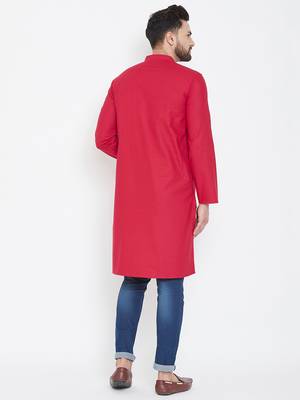 Red Plain Pure Cotton Men Kurtas 3