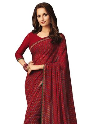 Red Printed Chiffon Saree With Blouse 2