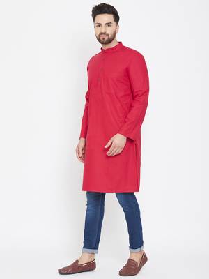 Red Plain Pure Cotton Men Kurtas 4