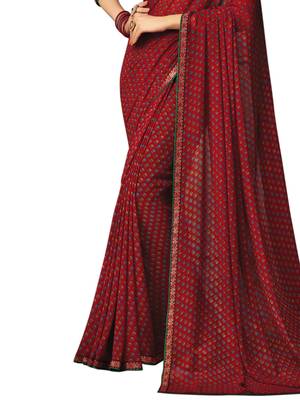 Red Printed Chiffon Saree With Blouse 3