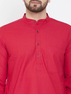 Red Plain Pure Cotton Men Kurtas 5