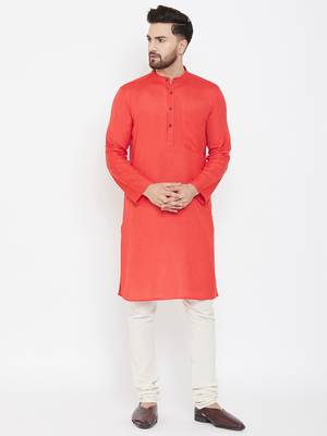 Orange Plain Pure Cotton Men Kurtas 1