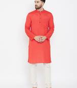 Orange Plain Pure Cotton Men Kurtas