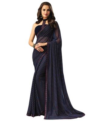 Dark Blue Printed Chiffon Saree With Blouse 1