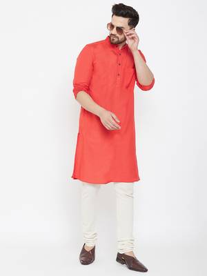 Orange Plain Pure Cotton Men Kurtas 2