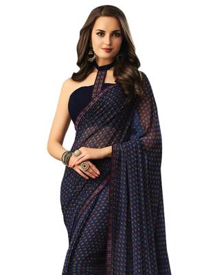 Dark Blue Printed Chiffon Saree With Blouse 2