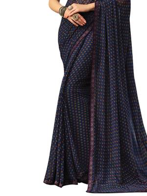Dark Blue Printed Chiffon Saree With Blouse 3