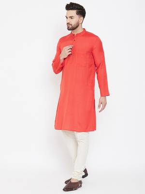 Orange Plain Pure Cotton Men Kurtas 4