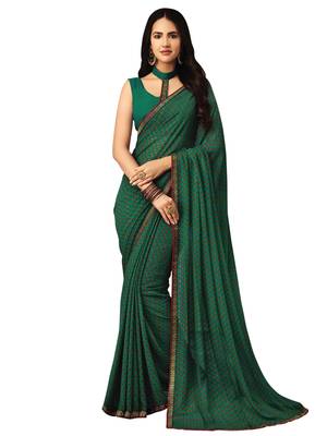 Teal Printed Chiffon Saree With Blouse 1
