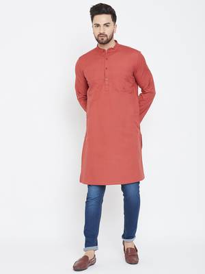 Brown Plain Pure Cotton Men Kurtas 1