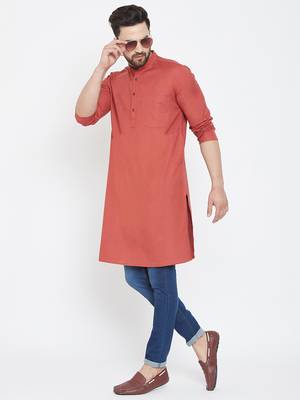 Brown Plain Pure Cotton Men Kurtas 2