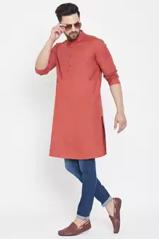Brown Plain Pure Cotton Men Kurtas