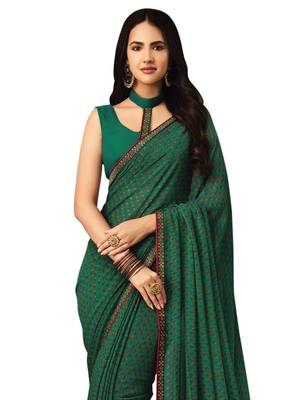 Teal Printed Chiffon Saree With Blouse 2