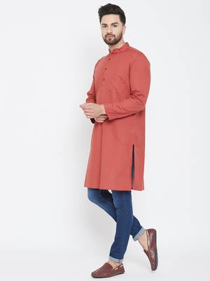 Brown Plain Pure Cotton Men Kurtas 4