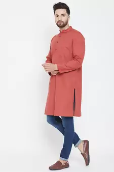 Brown Plain Pure Cotton Men Kurtas