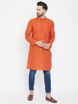 Orange Woven Pure Cotton Men Kurtas 1
