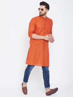 Orange Woven Pure Cotton Men Kurtas 2