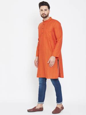 Orange Woven Pure Cotton Men Kurtas 4