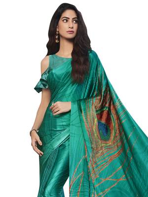 Green Printed Chiffon Saree With Blouse 2