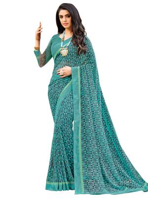 Teal Printed Georgette Saree With Blouse 1