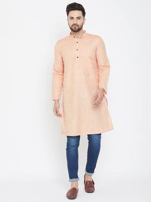 Pink Woven Pure Linen Men Kurtas 1