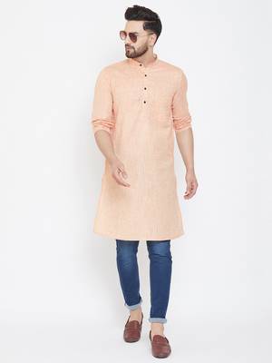 Pink Woven Pure Linen Men Kurtas 2