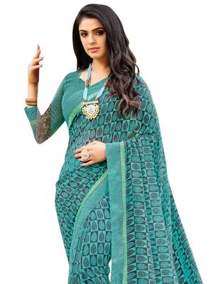 Teal Printed Georgette Saree With Blouse 2