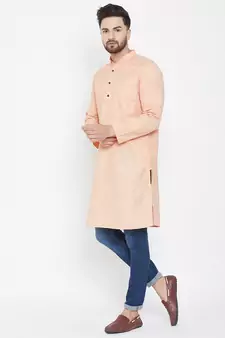 Pink Woven Pure Linen Men Kurtas