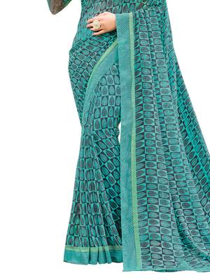 Teal Printed Georgette Saree With Blouse 3