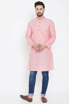 Pink Woven Pure Linen Men Kurtas