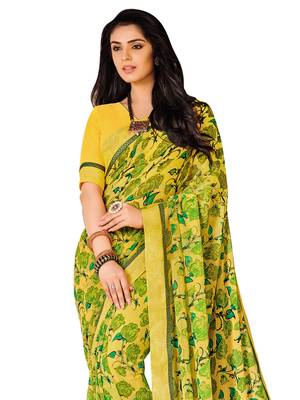 Yellow Printed Georgette Saree With Blouse 2