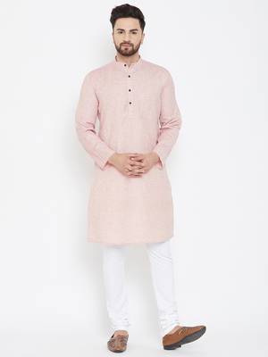 Pink Woven Pure Linen Men Kurtas 1