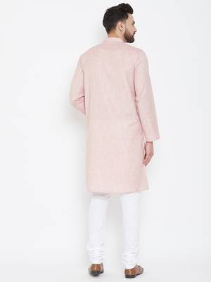 Pink Woven Pure Linen Men Kurtas 3