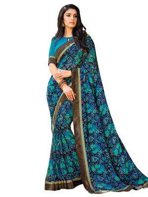 Blue Printed Georgette Saree With Blouse 1