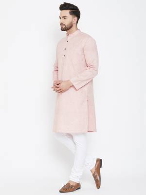 Pink Woven Pure Linen Men Kurtas 4