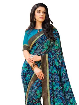 Blue Printed Georgette Saree With Blouse 2