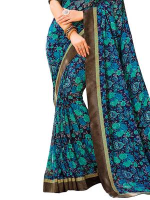 Blue Printed Georgette Saree With Blouse 3