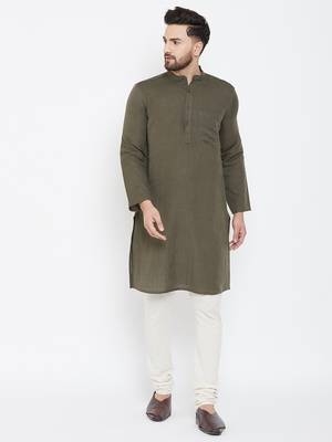 Green Plain Pure Linen Men Kurtas 1